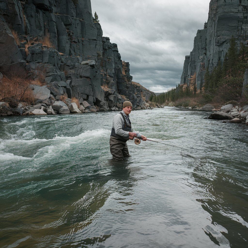 An angler fly fishing in the clear waters of the Gunnison River, surrounded by dramatic canyon walls and lush greenery