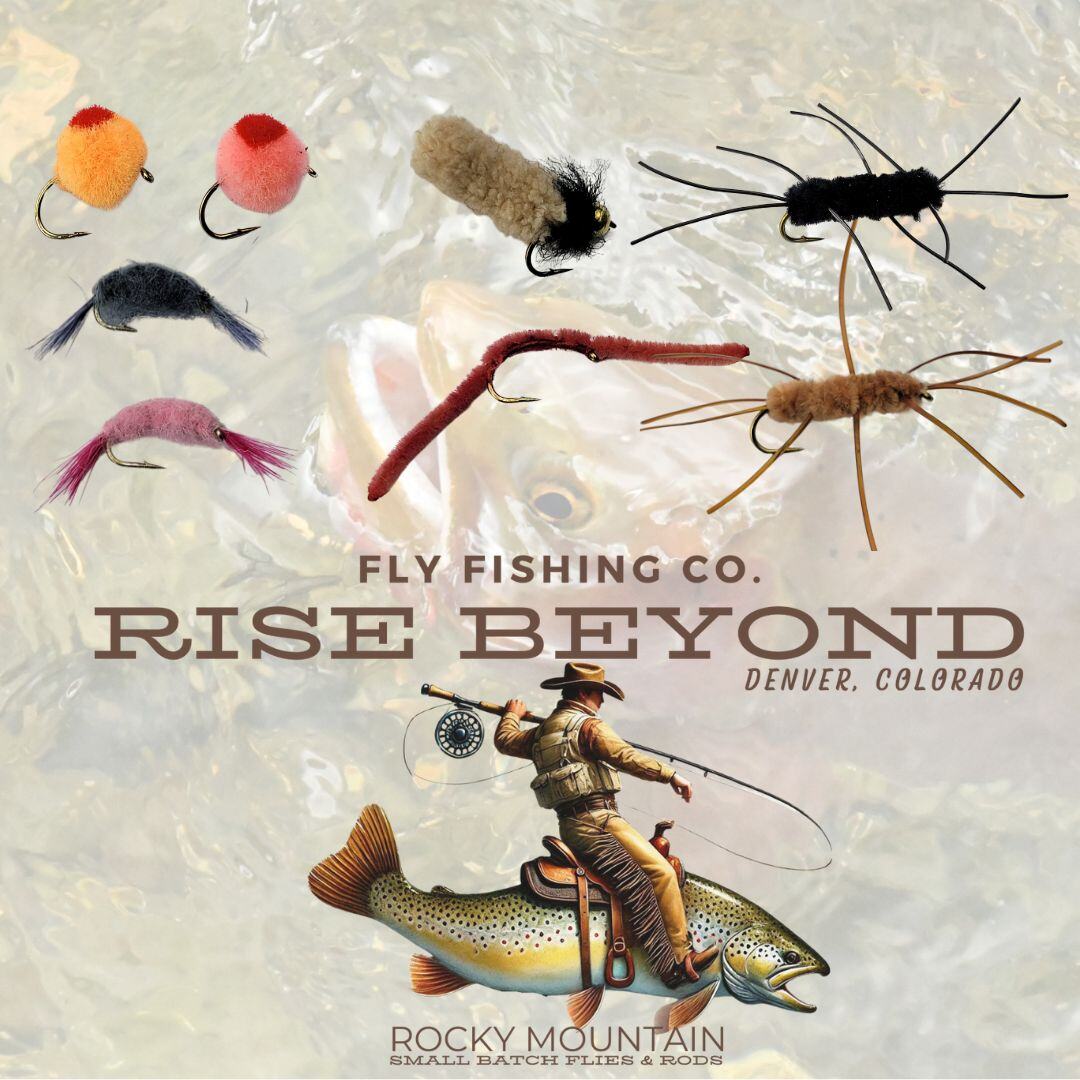 Rise Beyond selection of Mop flies, san juan worms and nuke eggs over their logo. 