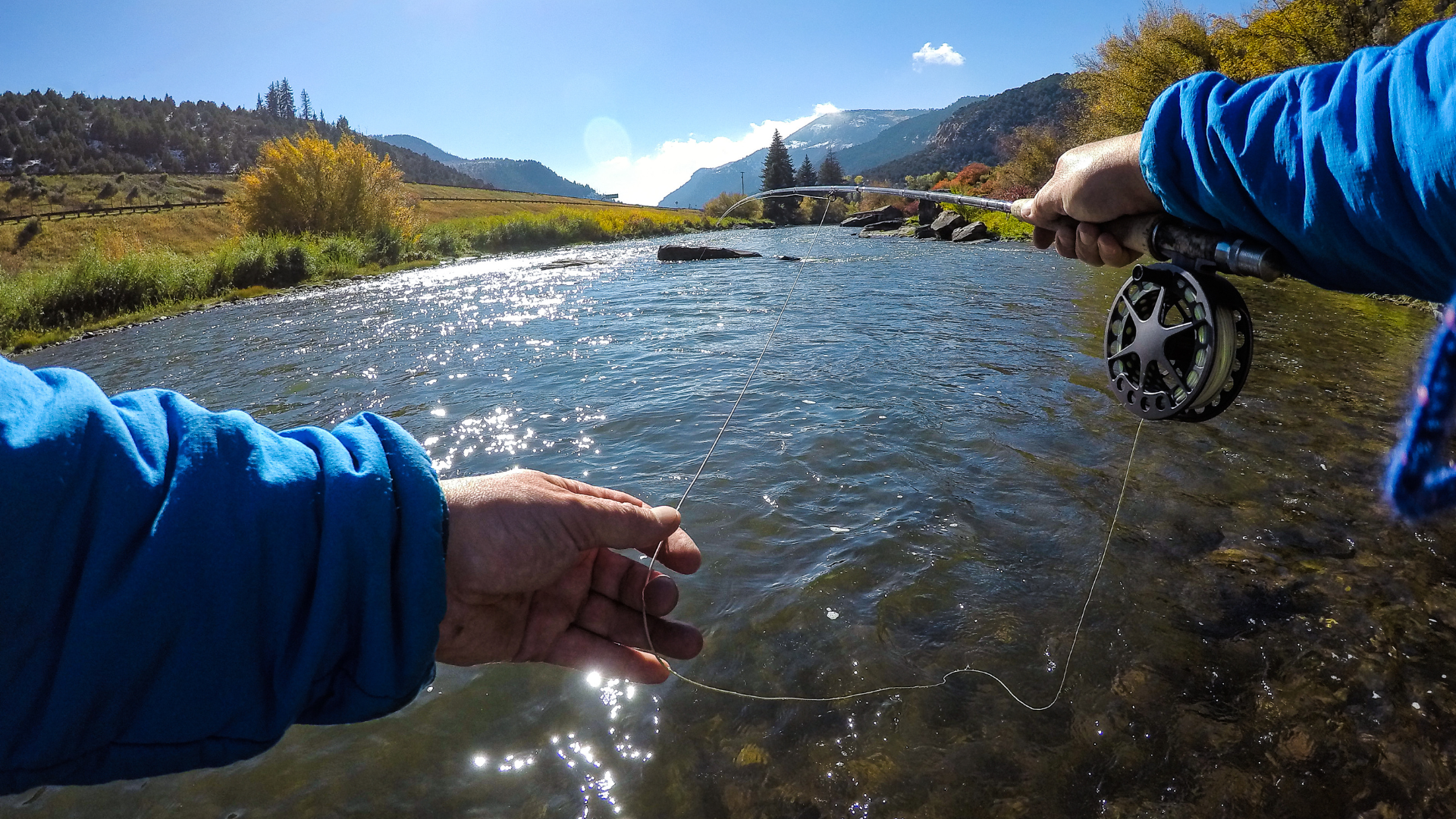 lfy fishing on the Colorado River. an angler throws a large streamer towards the bank. 