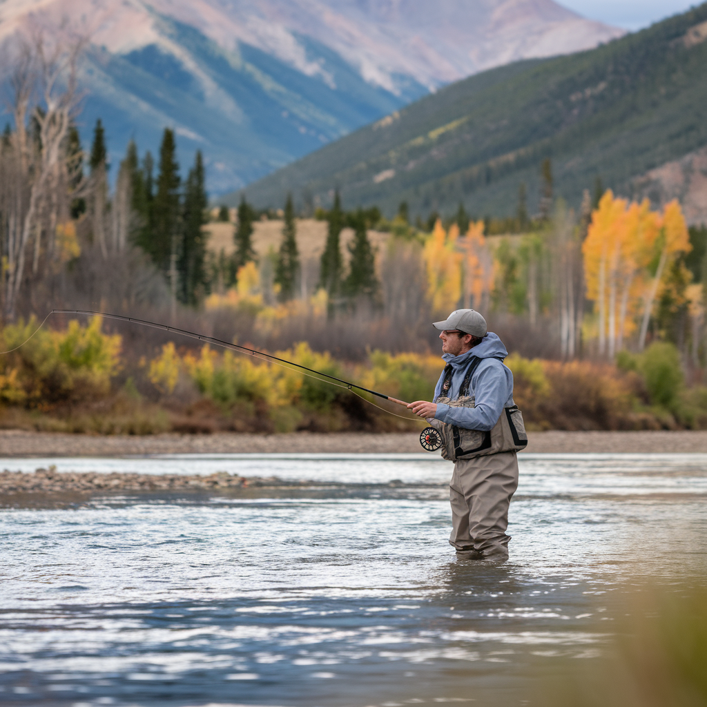 A photo of a fly fisherman with his back to the camera. He is wearing a brown jacket and a gray vest. He is standing in Tarryall Creek inColorado. The water is clear and the creek is surrounded by rocky terrain.Less