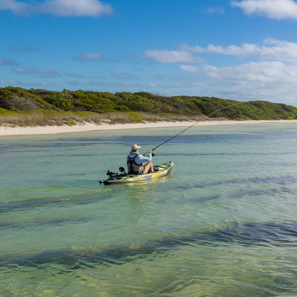 Angler fly fishing on the Emerald Coast of Florida, casting into clear, shallow waters from a kayak, surrounded by sandy beaches and lush greenery.