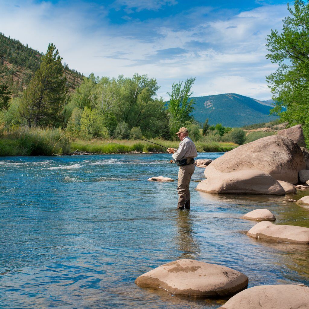 An angler fly fishing in the Fryingpan River, casting into clear, cold waters surrounded by scenic mountain views.