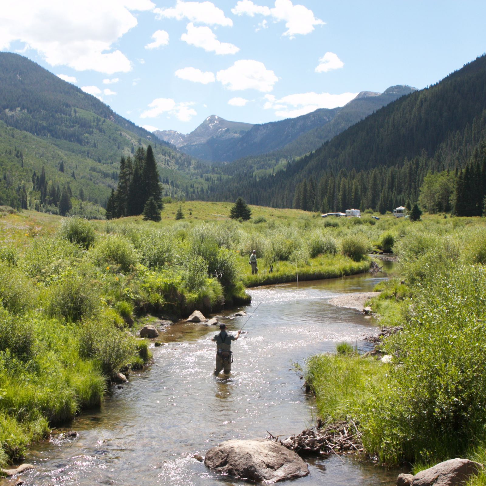 high alpine fly fishing in colorado twp anglers stand in a stream packed with colorado trout