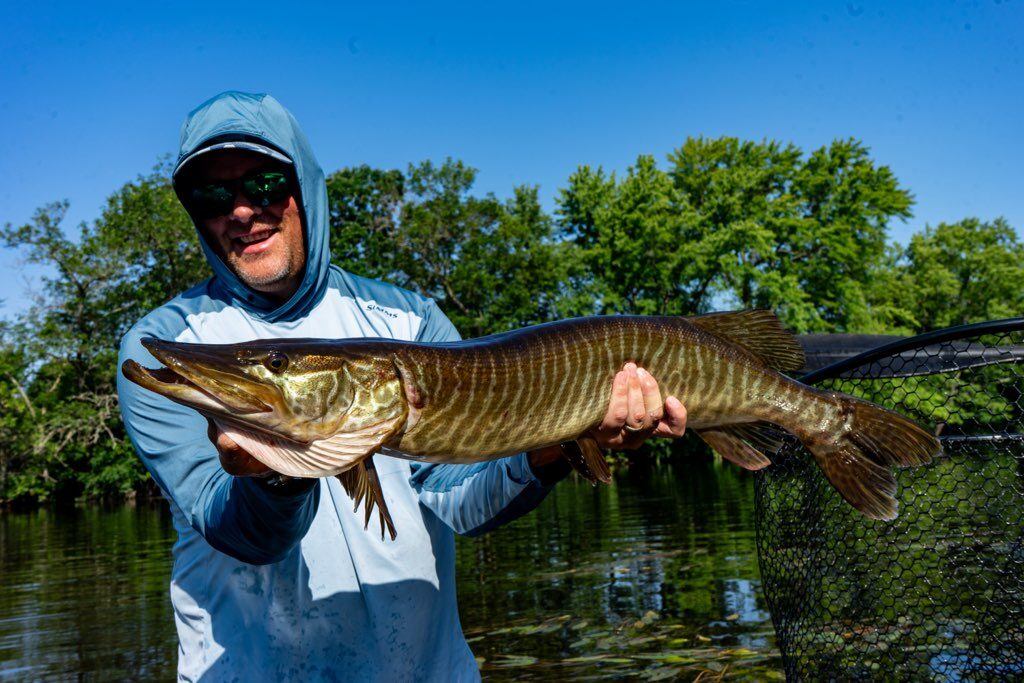 An angler fly fishing in Colorado, casting a large streamer into the deep waters of a musky-rich lake.