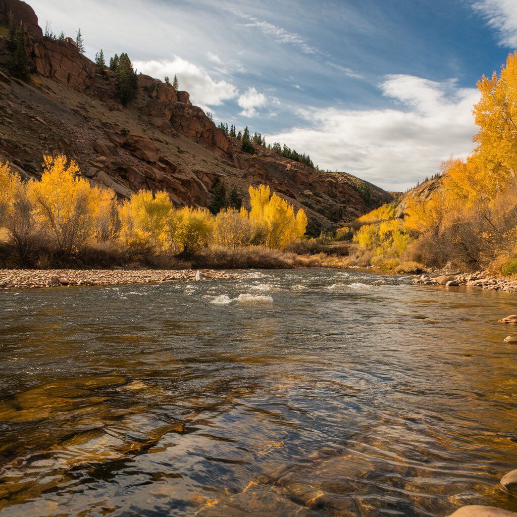 Fly fishing on the Taylor River in Colorado, casting into clear waters surrounded by lush greenery and rocky landscape