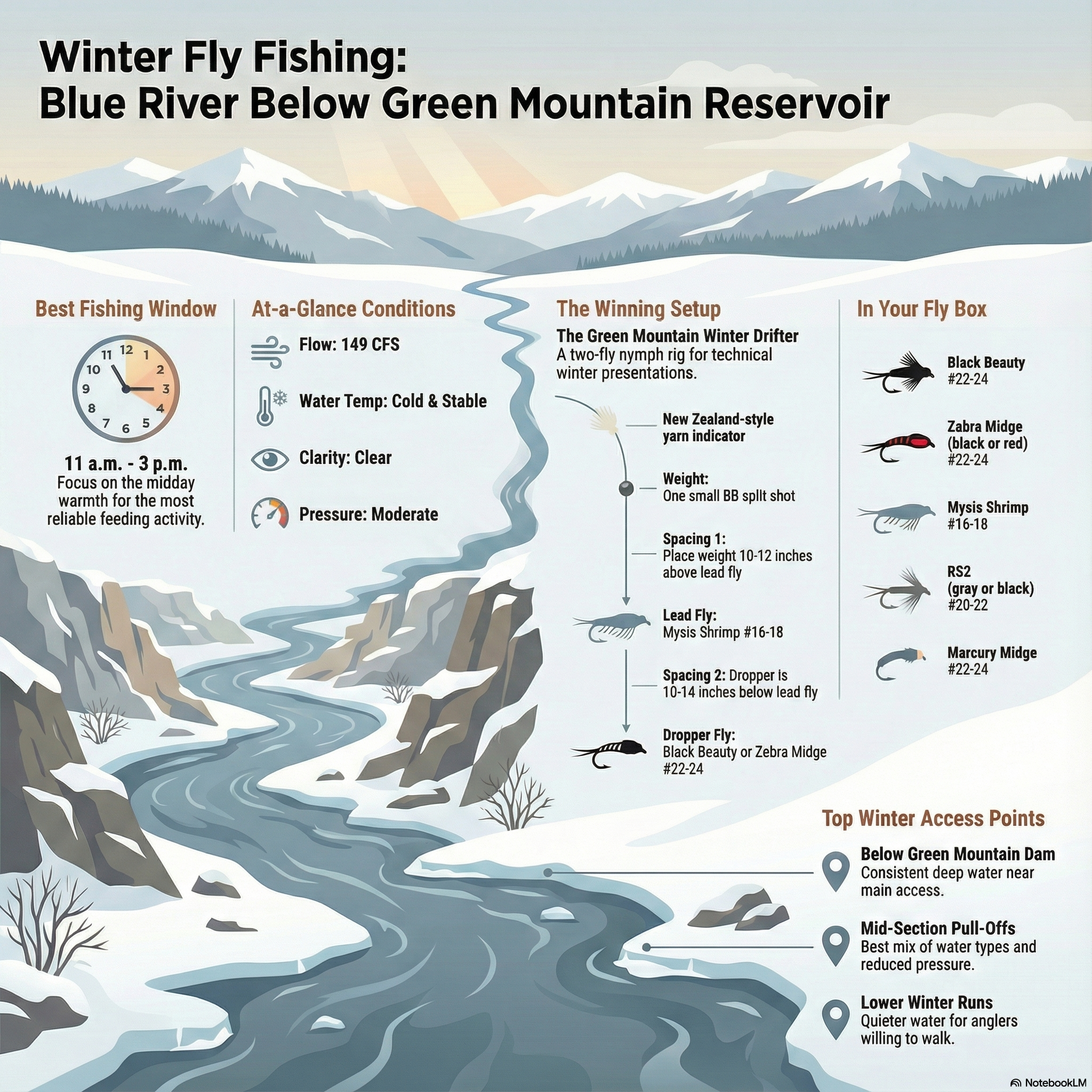 Winter fly fishing on the Blue River below Green Mountain Reservoir offers technical, consistent opportunities with small midges and mysis patterns. Prime window: 11 a.m. to 3 p.m.