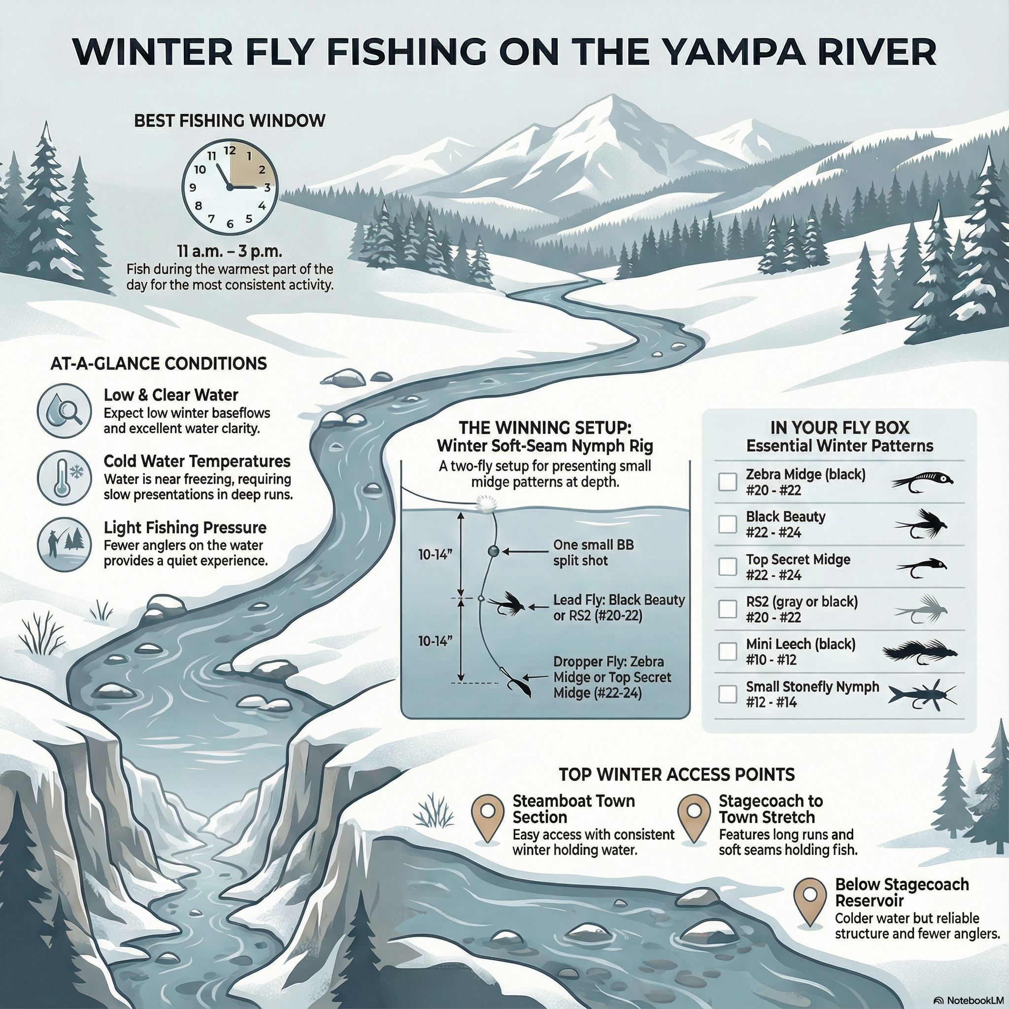 What is actually in the system, and why this stretch fishes differently than Front Range tailwaters. Cold water, subtle bites, no shortcuts.