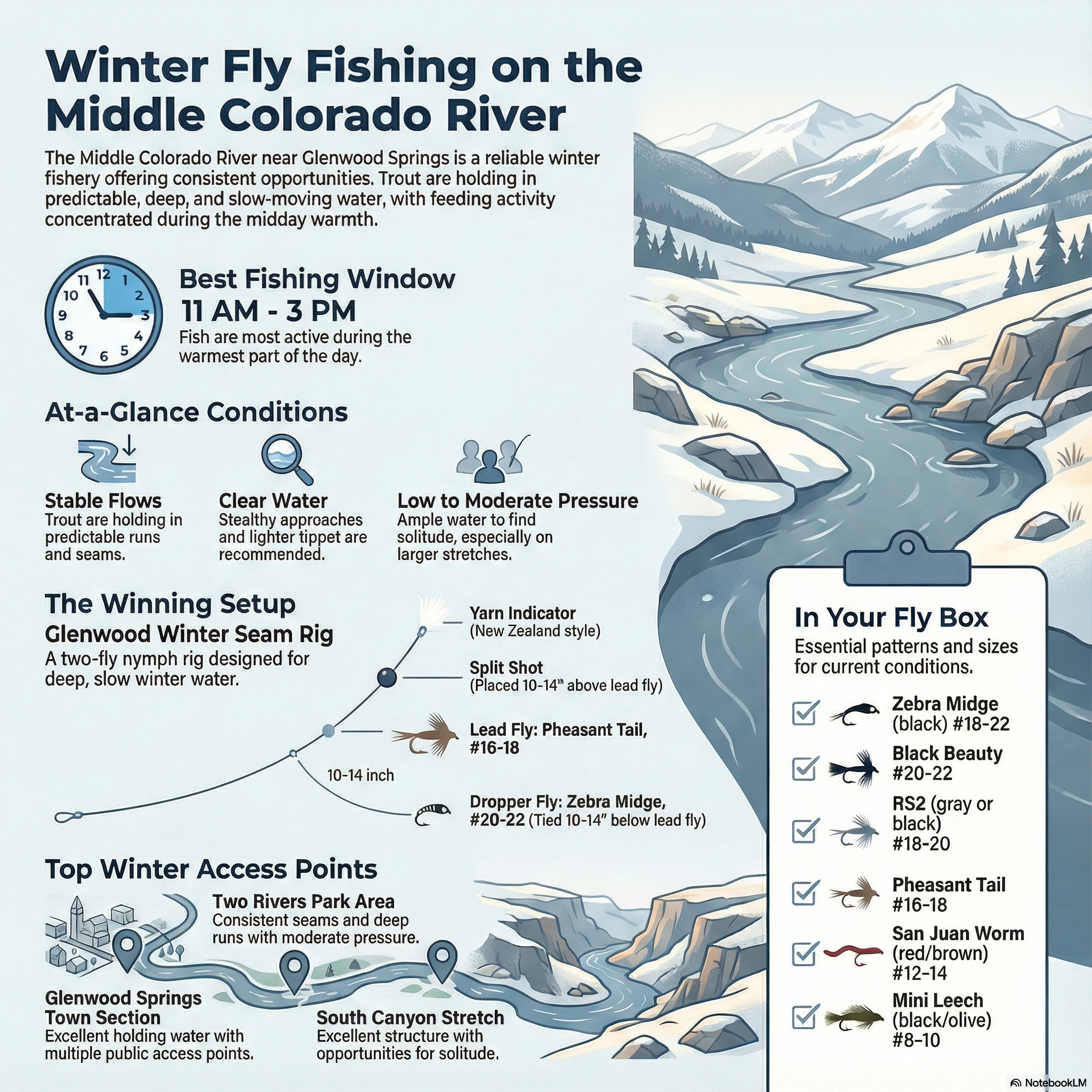 The lower Colorado River near Grand Junction is clear, quiet, and technical. Desert winter conditions create strong light contrast, pushing trout into deeper inside bends and slow-moving winter lanes. Fish are feeding, but presentations must be clean and patient.