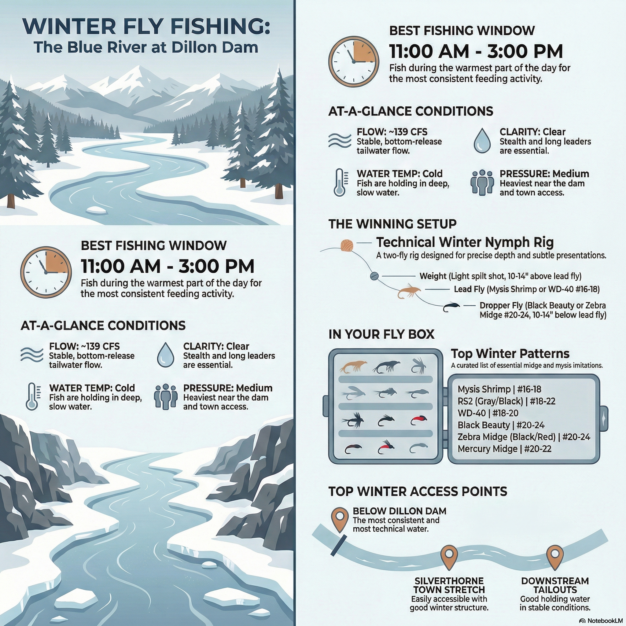 Updated Blue River fly fishing report near Dillon Dam with current winter tailwater conditions, flows, clarity, best flies, and technical tactics that are actually working right now.