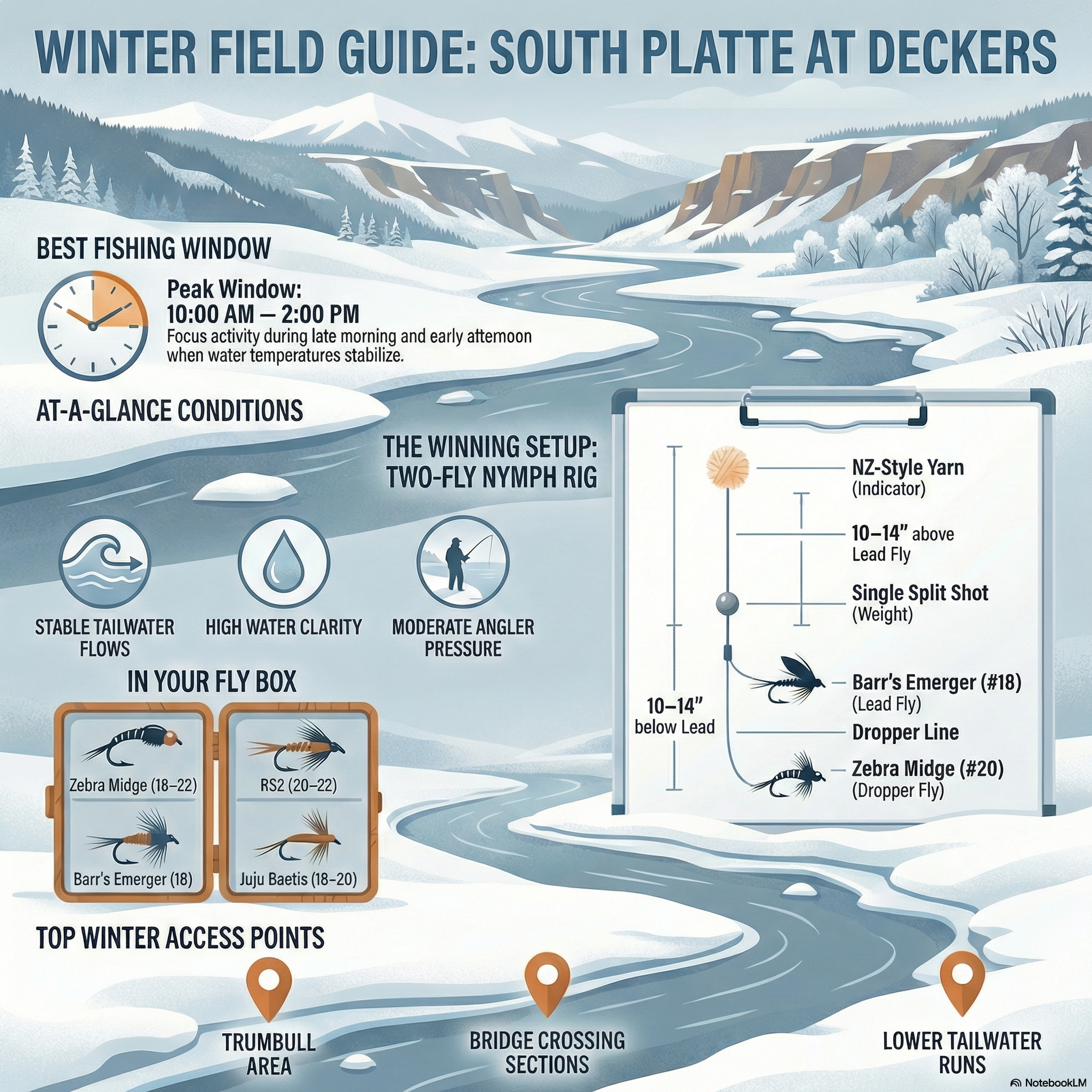Deckers is the South Platte’s winter workhorse. , how the river is fishing right now, the flies that still matter in winter, and where anglers are finding consistent seams without forcing it.