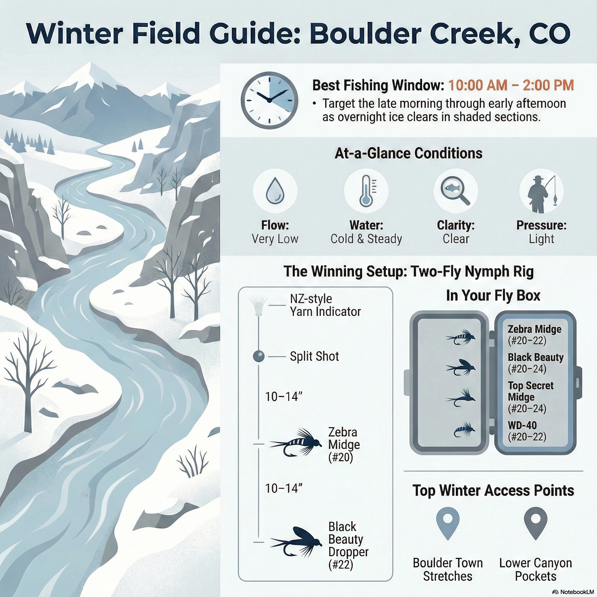 Boulder Creek trout fishing in late fall, with a scenic backdrop of tree-lined banks and mountain views