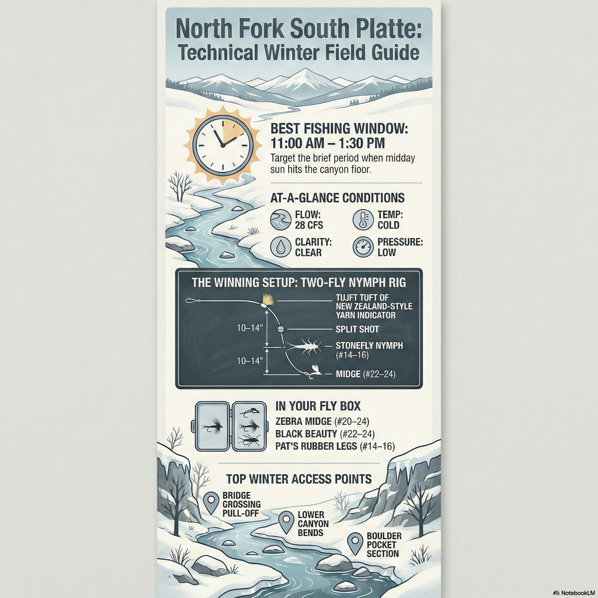 Fly fishing report for North Fork of the South Platte River. Learn about current conditions, fly patterns, and top fishing tactics for trophy-sized trout.